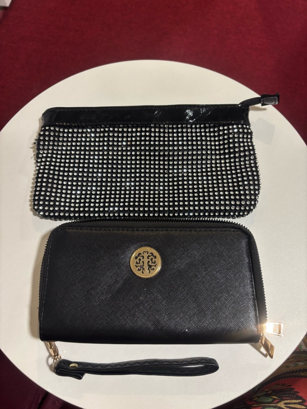 Black Wristlet Wallet with Gold Logo and Embellished Clutch